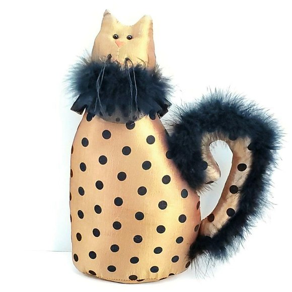 Plush 12" Cat Gold Black Polka Dot Faux Fur Feline embroidery Plump Shiny - Picture 7 of 12